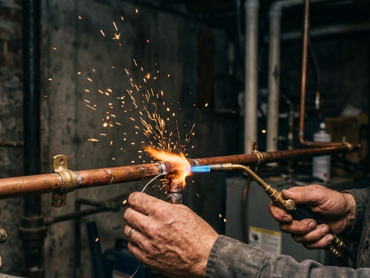 Plumber soldering a copper joint with a torch