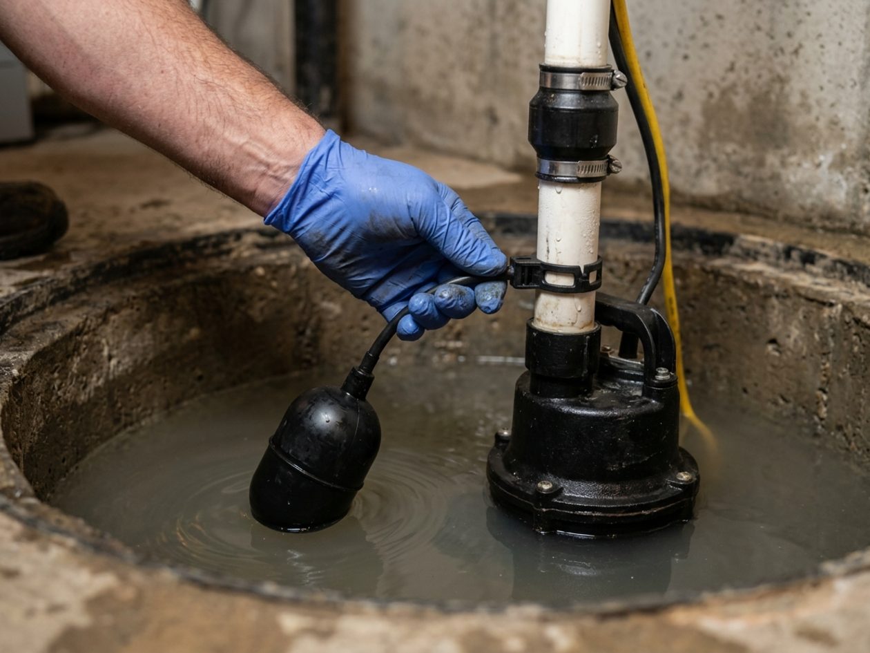 Plumber adjusting the float switch on a sump pump in a basement pit