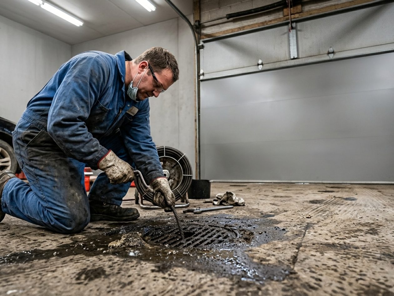 Technician clearing a basement floor drain