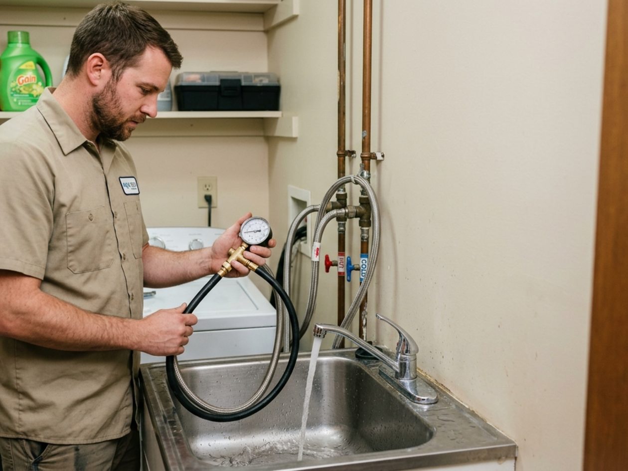 Technician measuring water pressure with a test gauge