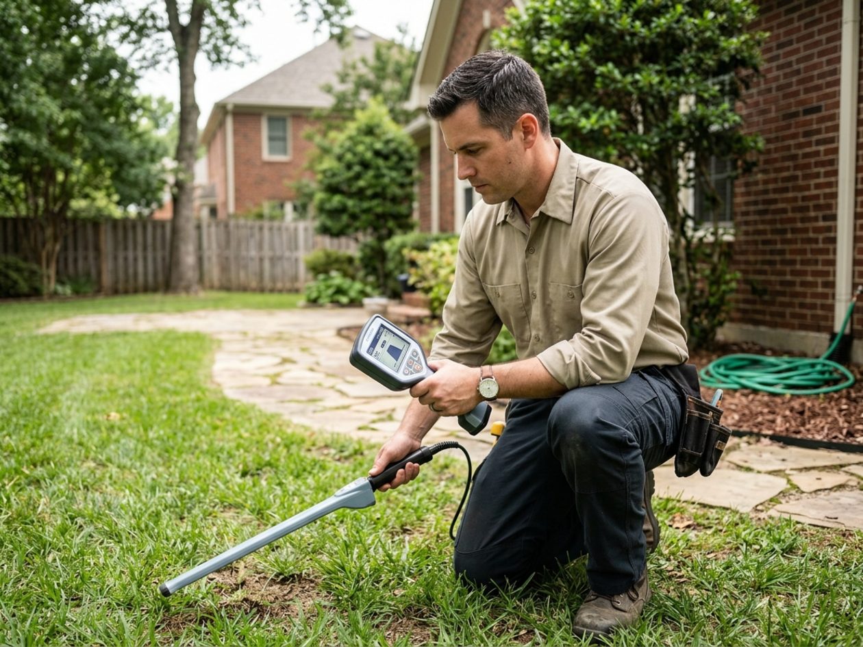 Plumber tracing the route of a buried water service line