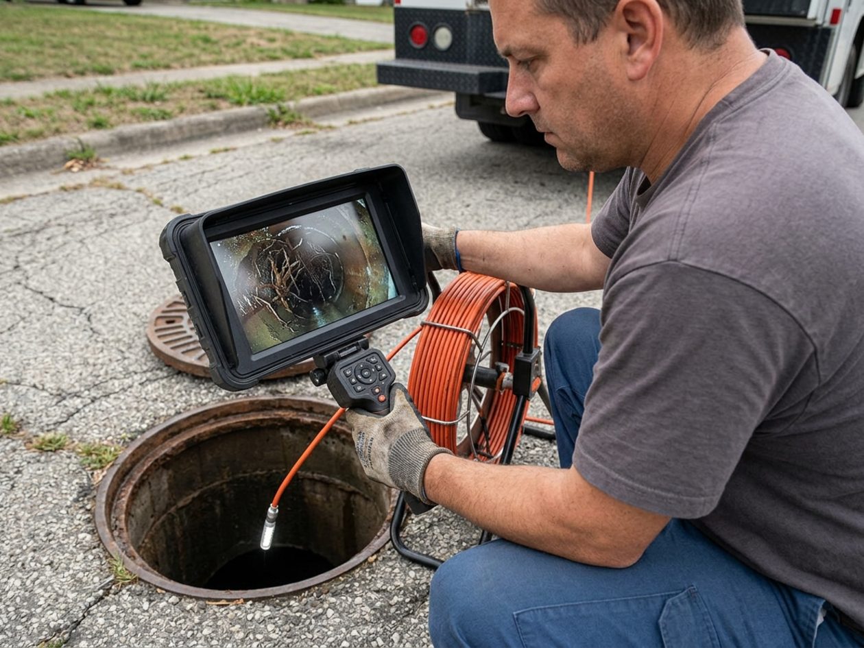 Technician inspecting a sewer pipe interior