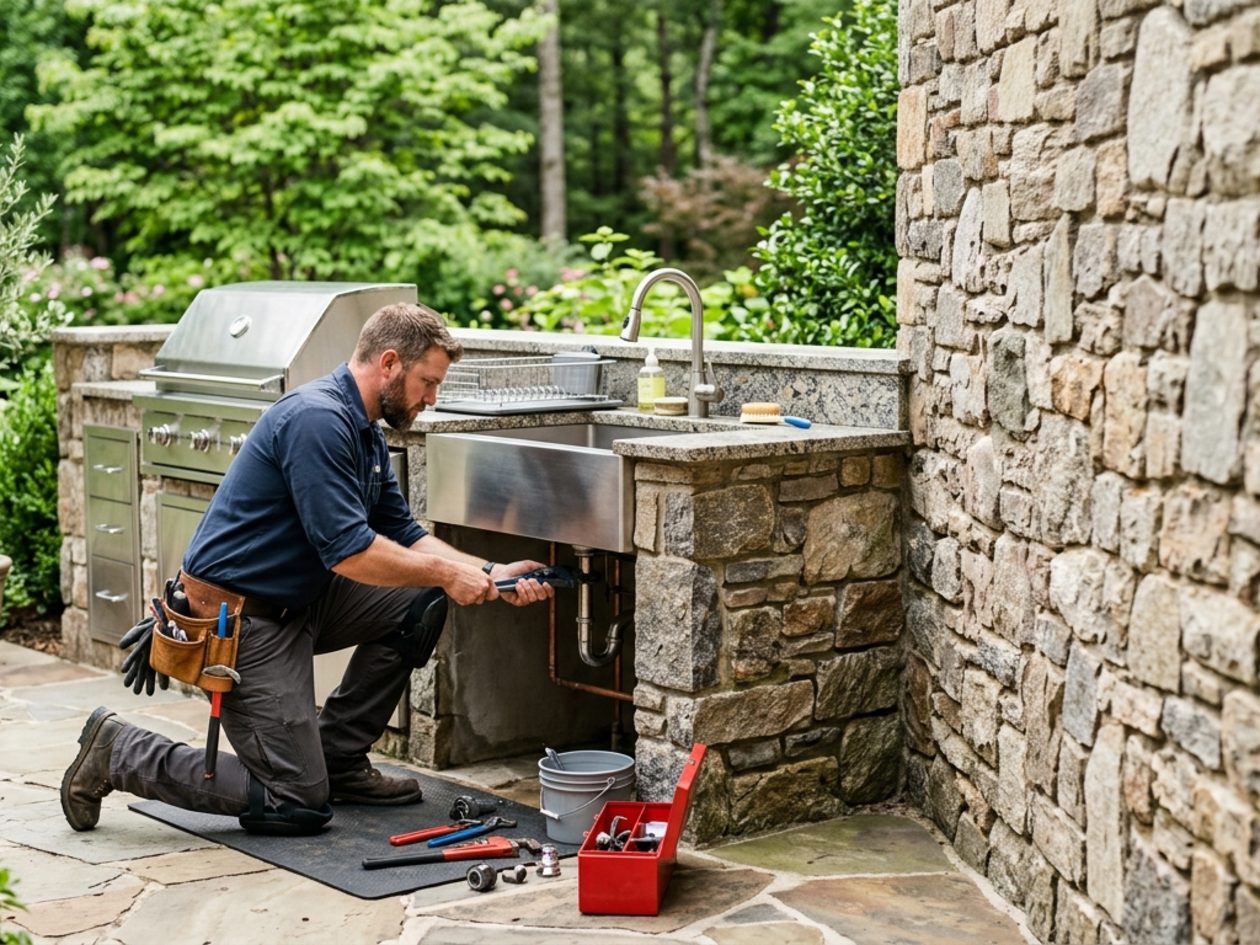 Plumber working on outdoor kitchen plumbing