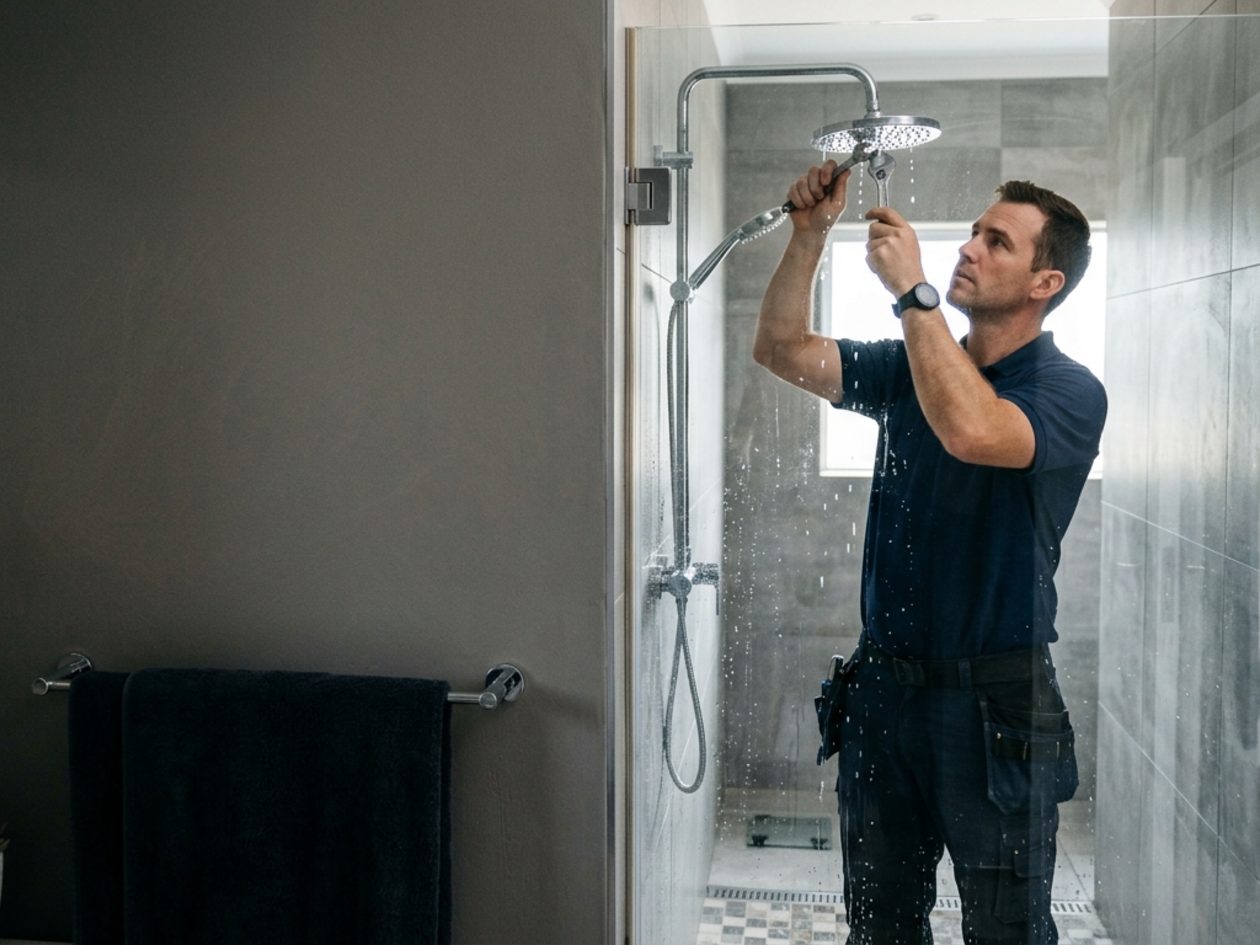 Technician repairing a leaking shower fitting