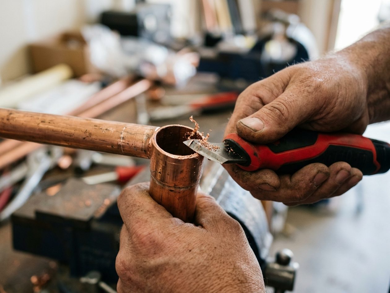 Plumber deburring the cut end of a copper pipe
