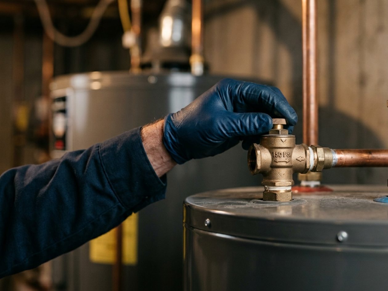 Plumber adjusting a valve on a storage water heater