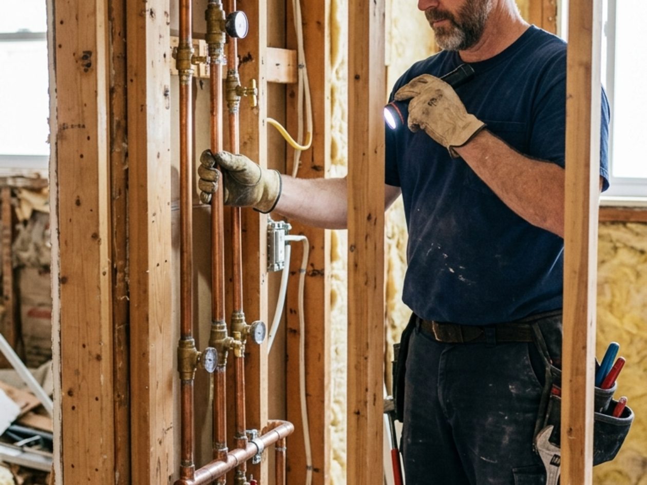Technician inspecting exposed plumbing pipework