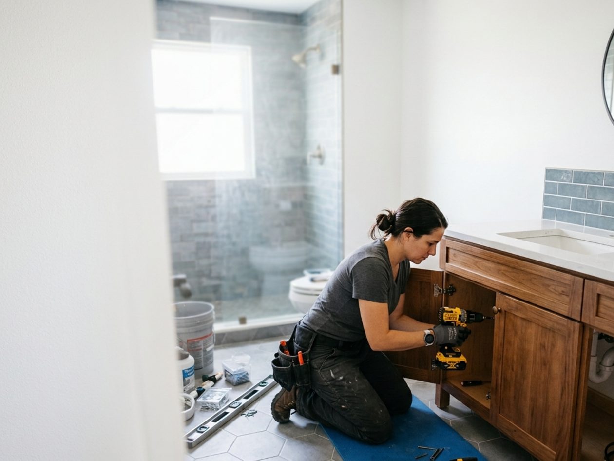 Technician installing a bathroom vanity and its plumbing