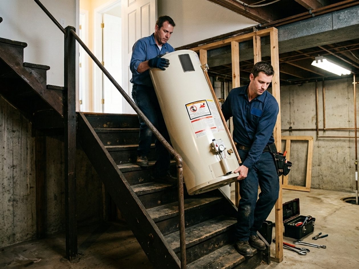 Two plumbers carrying a replacement water heater into a basement
