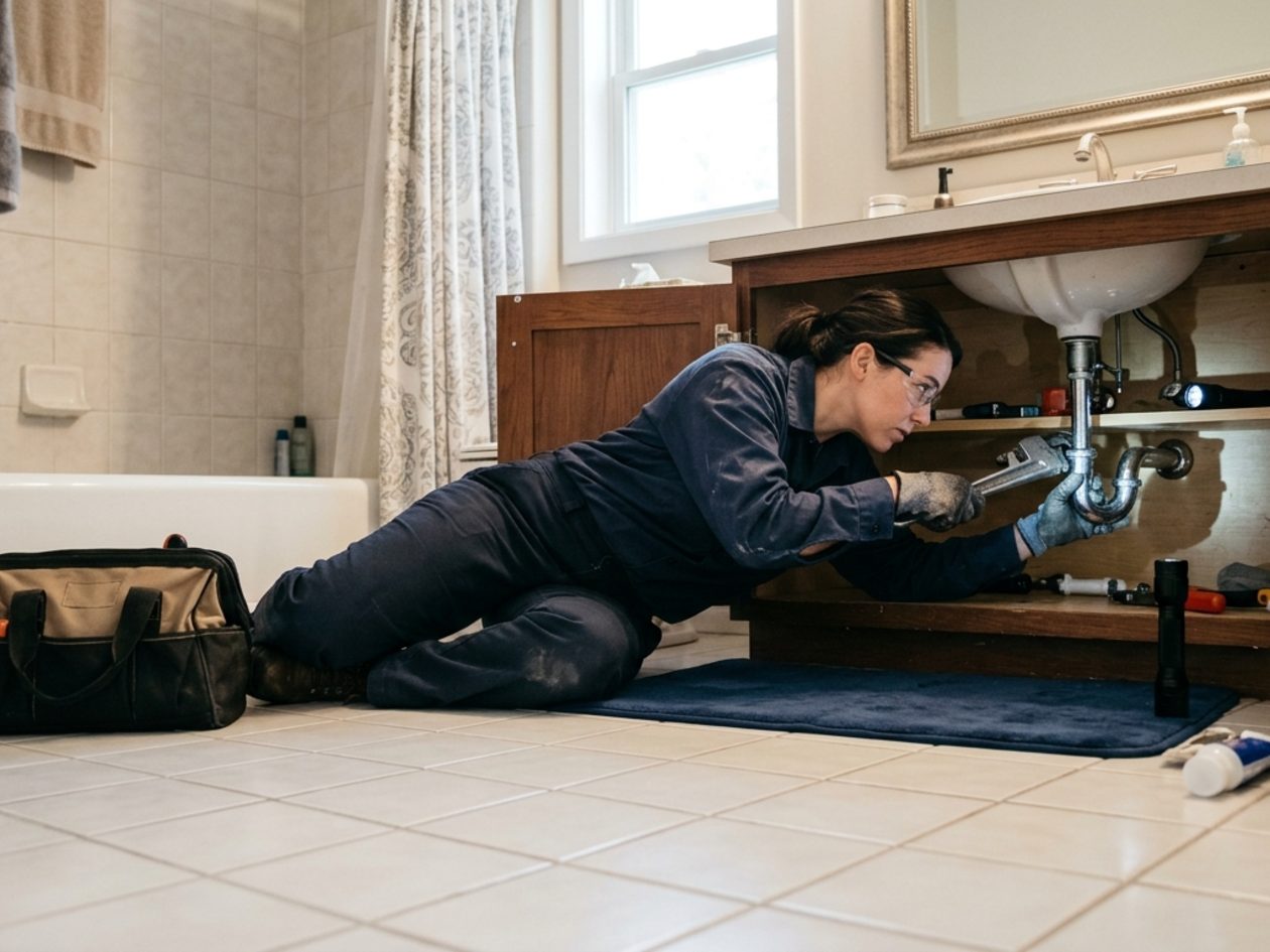 Technician repairing a bathroom P-trap