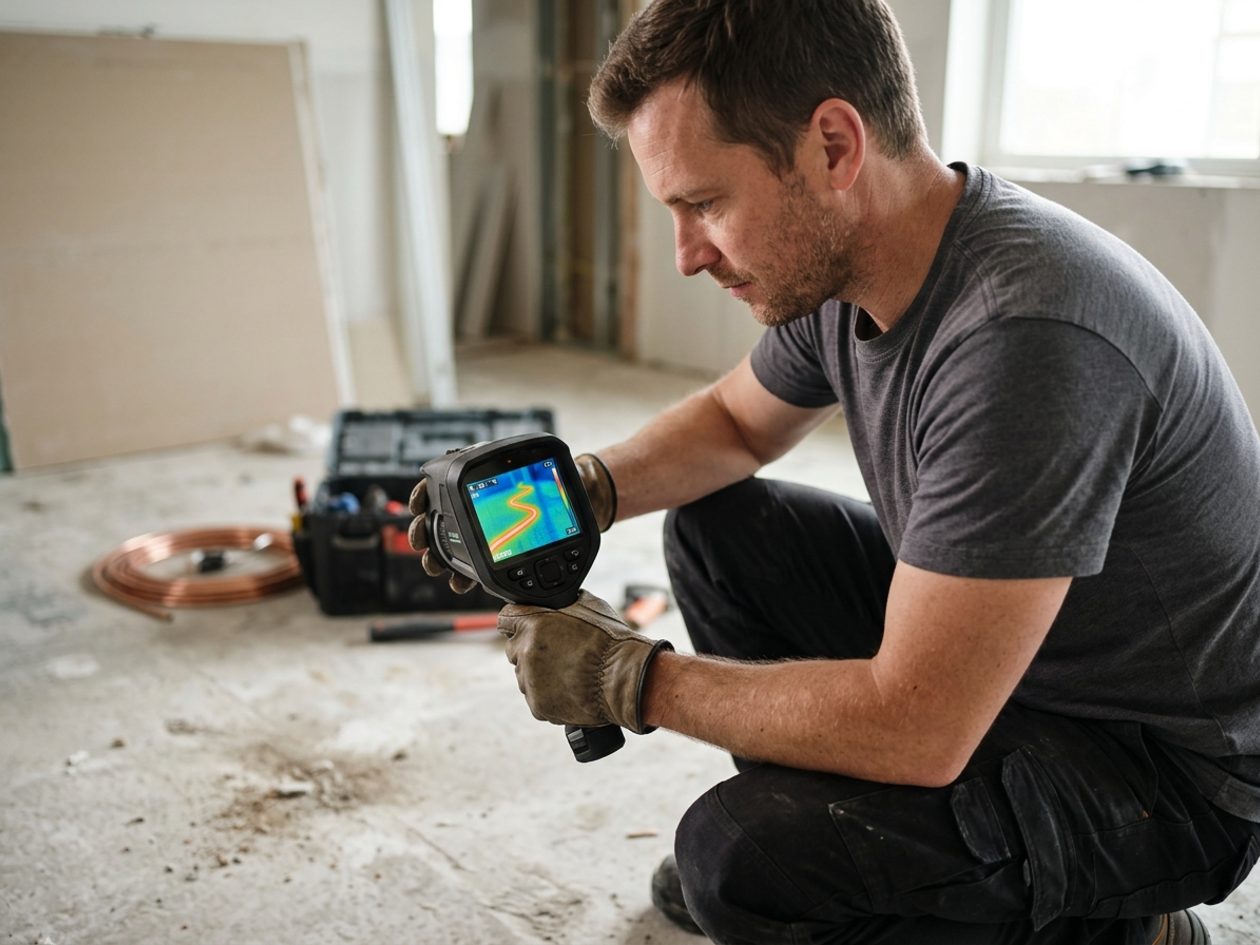 Plumber using a thermal imaging camera to locate a leak