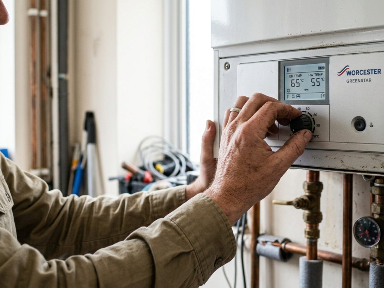 Plumber adjusting the temperature control on a domestic boiler