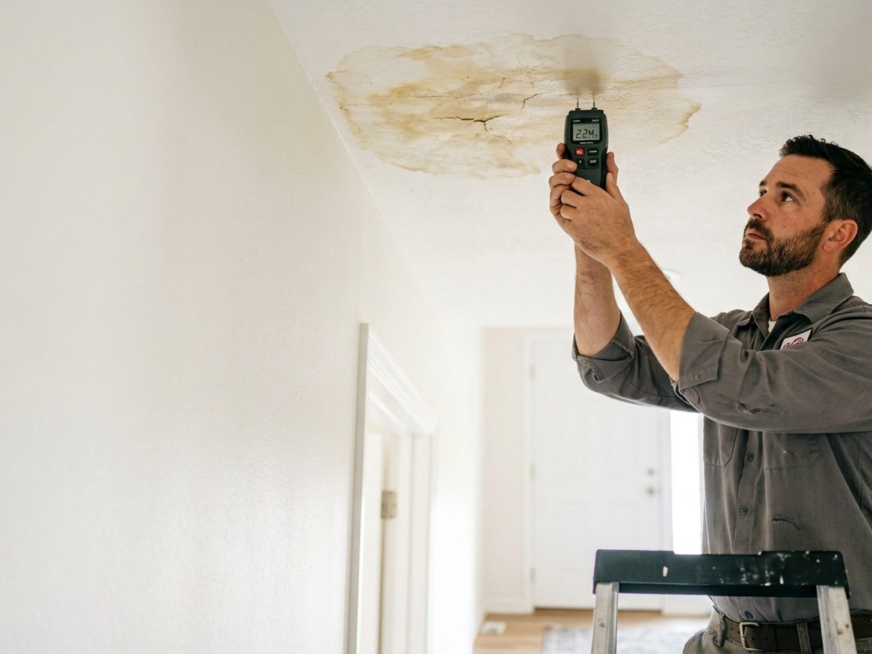 Plumber checking a ceiling for moisture below a suspected leak