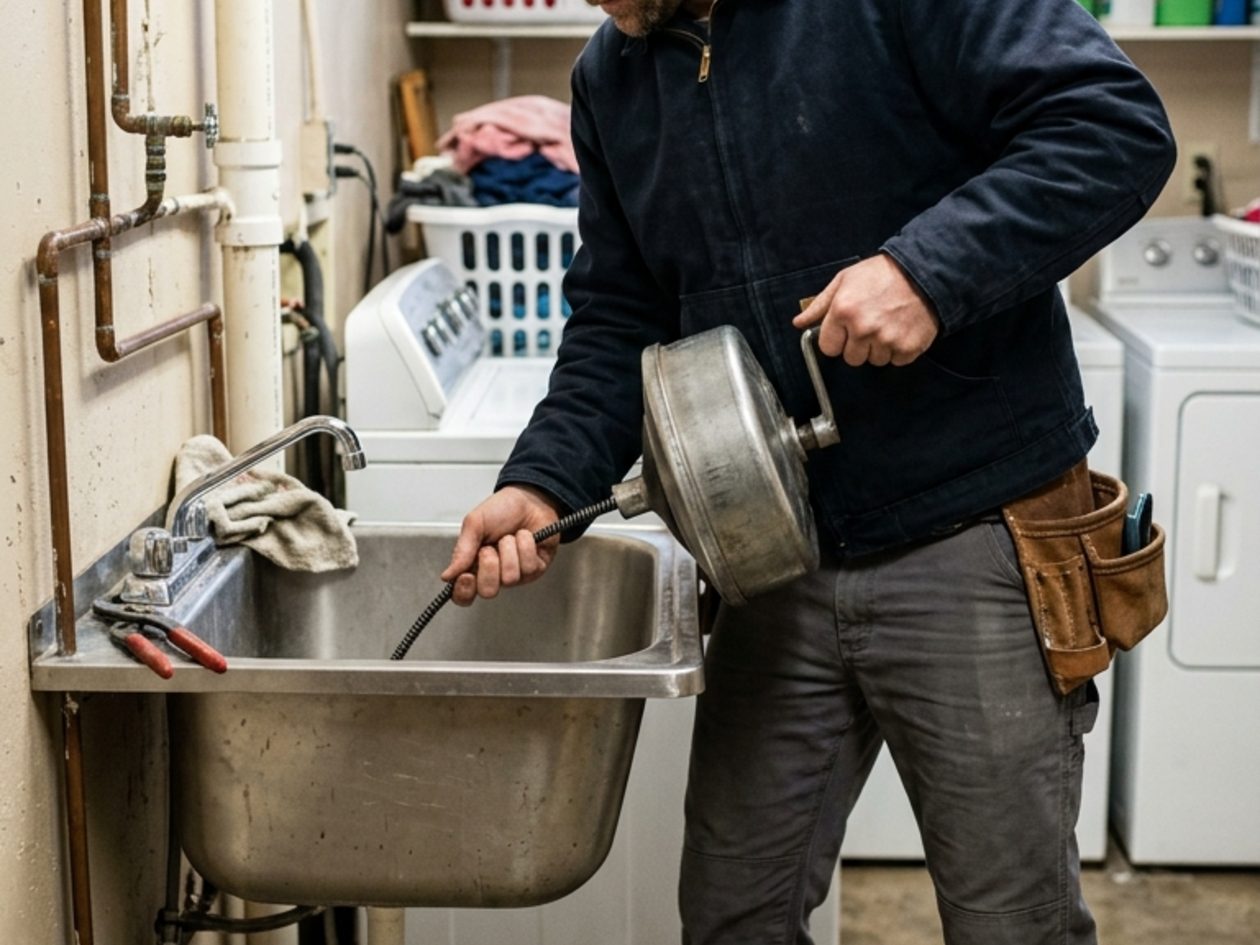 Plumber running a drain auger into a fixture drain
