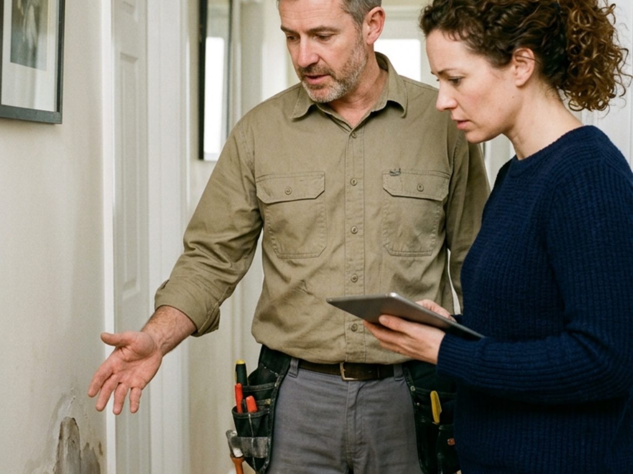 Plumber explaining water damage to a homeowner