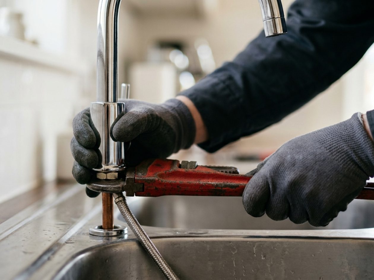 Plumber tightening a faucet with a wrench