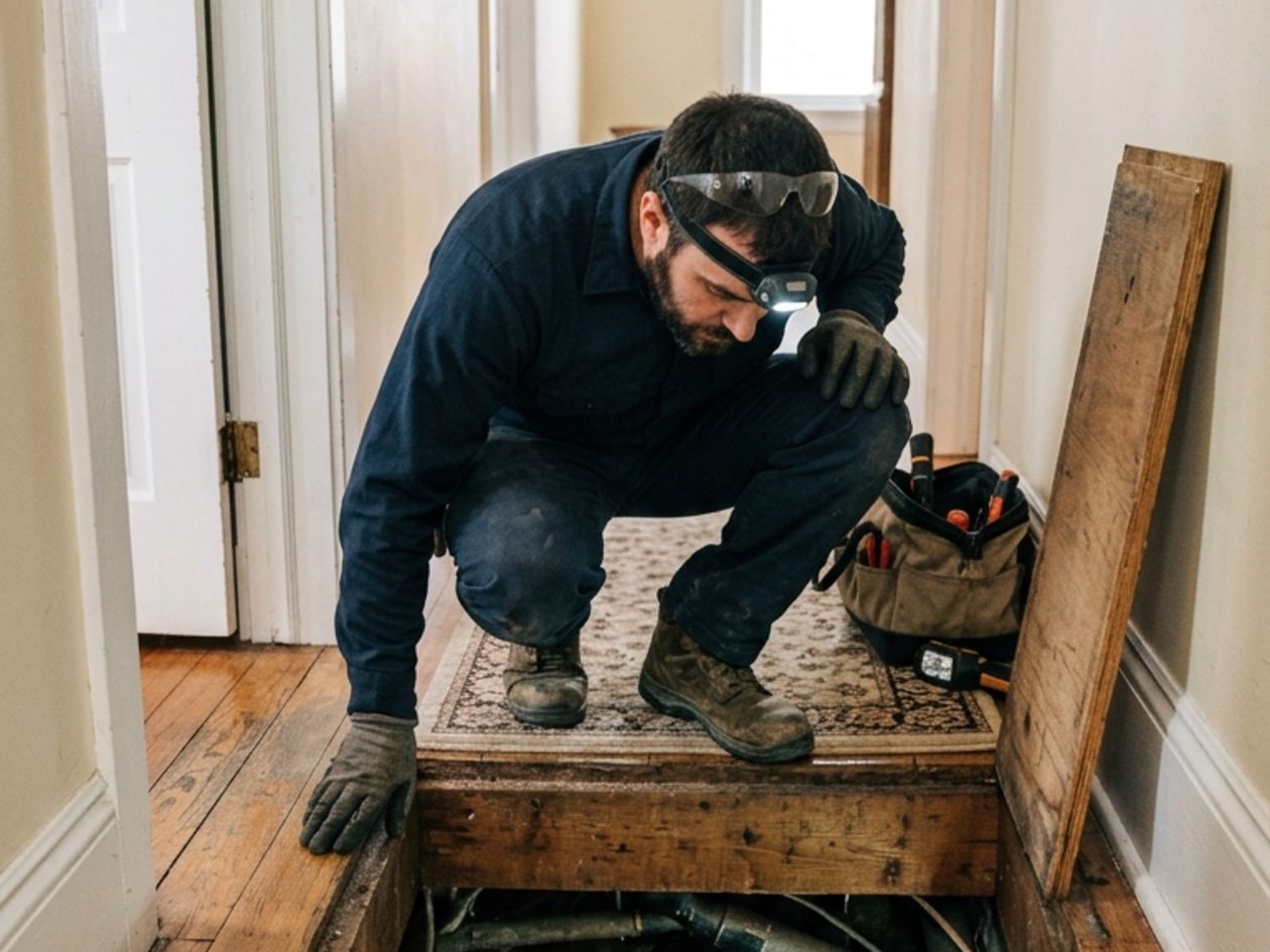 Technician opening a floor hatch to access a crawlspace