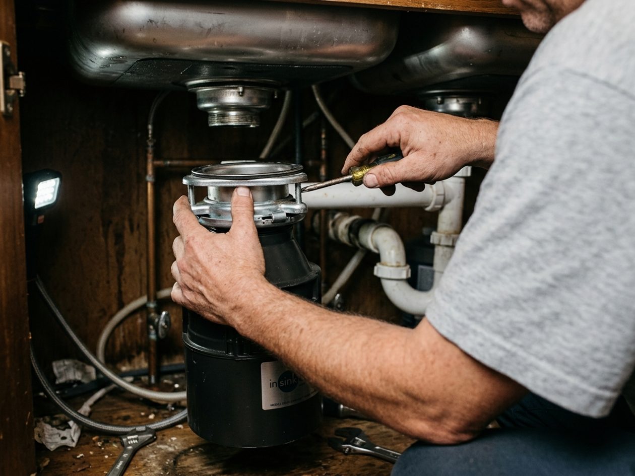 Plumber installing a garbage disposal under a kitchen sink