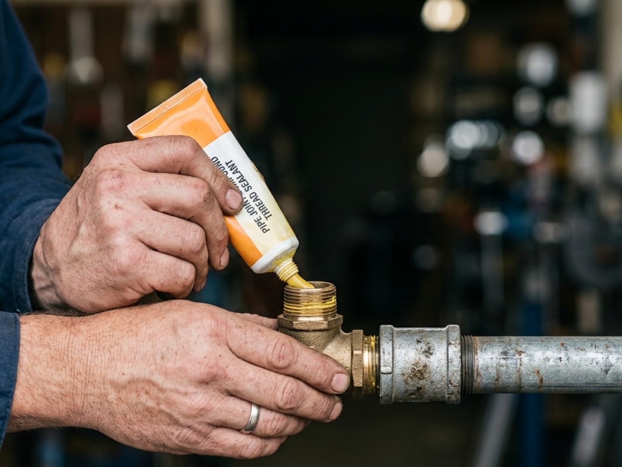 Technician applying thread sealant to a threaded fitting