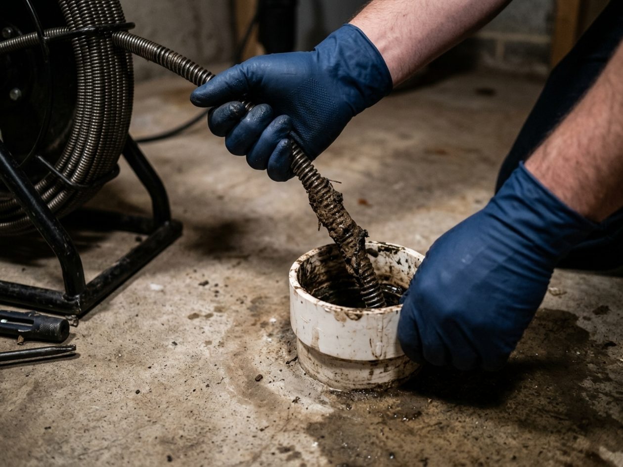 Drain snake cable being fed into an open sewer cleanout