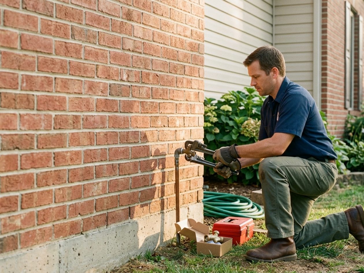 Technician replacing an outdoor hose bib