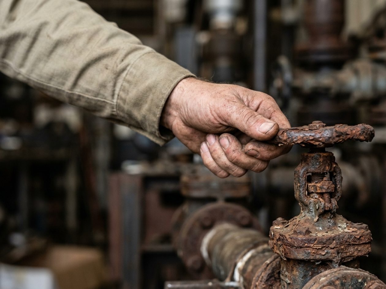 Technician inspecting a corroded valve