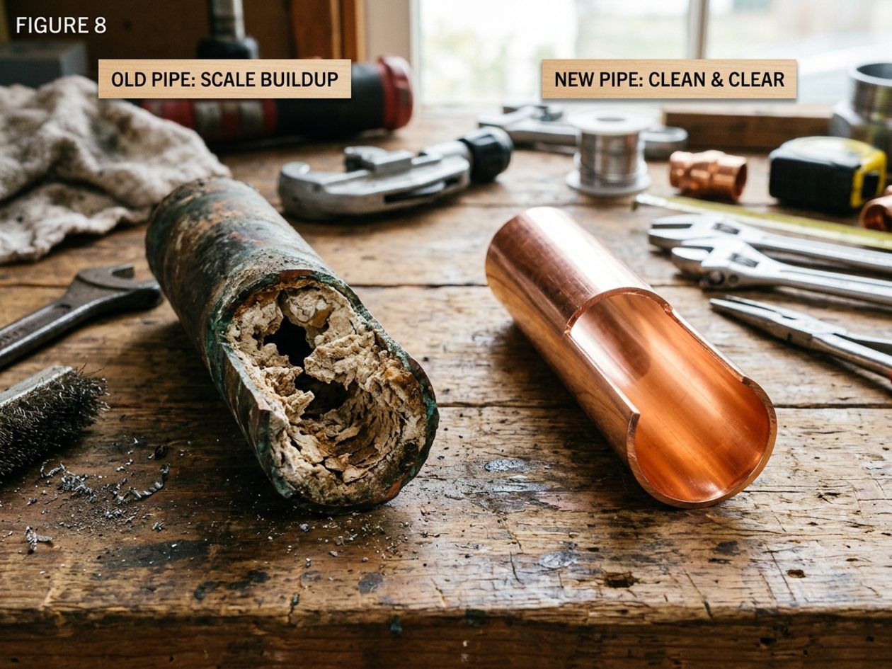 Two pipe sections side by side, one clean bore and one narrowed by heavy scale