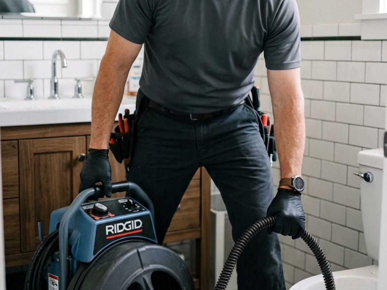 Plumber with a powered drain cleaning machine