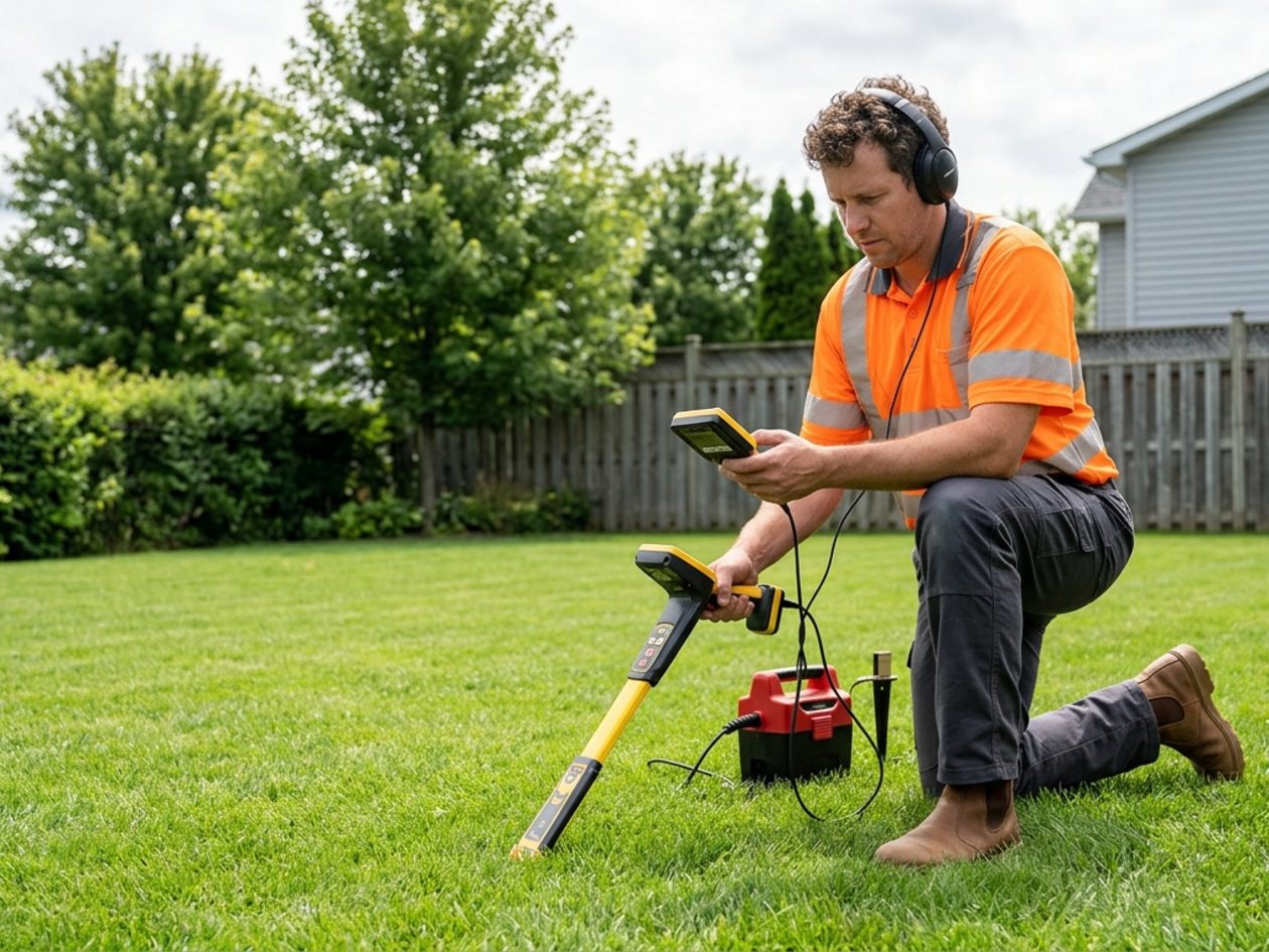Technician using an electronic pipe locator to trace a line