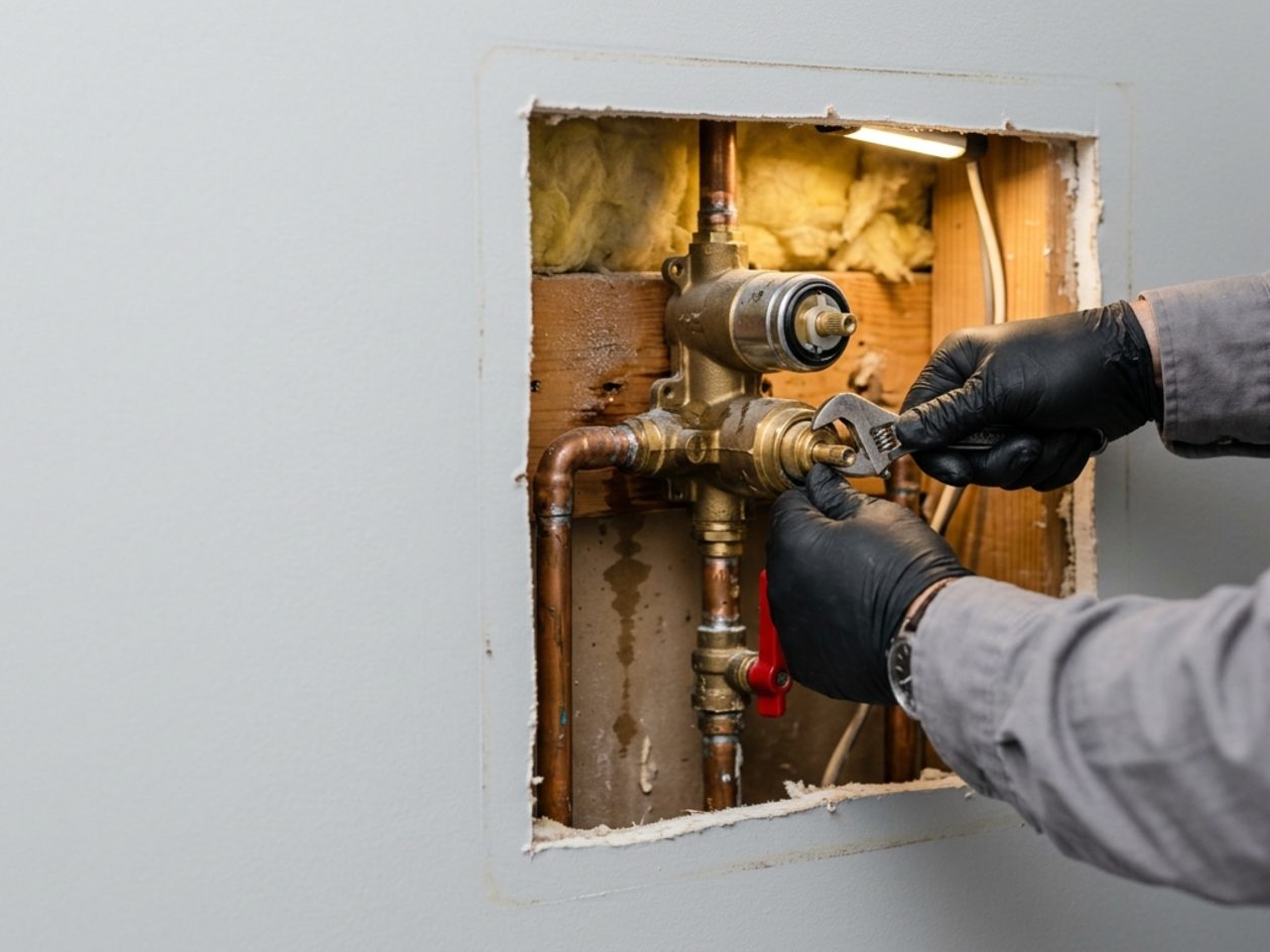 Technician adjusting a shower mixing valve