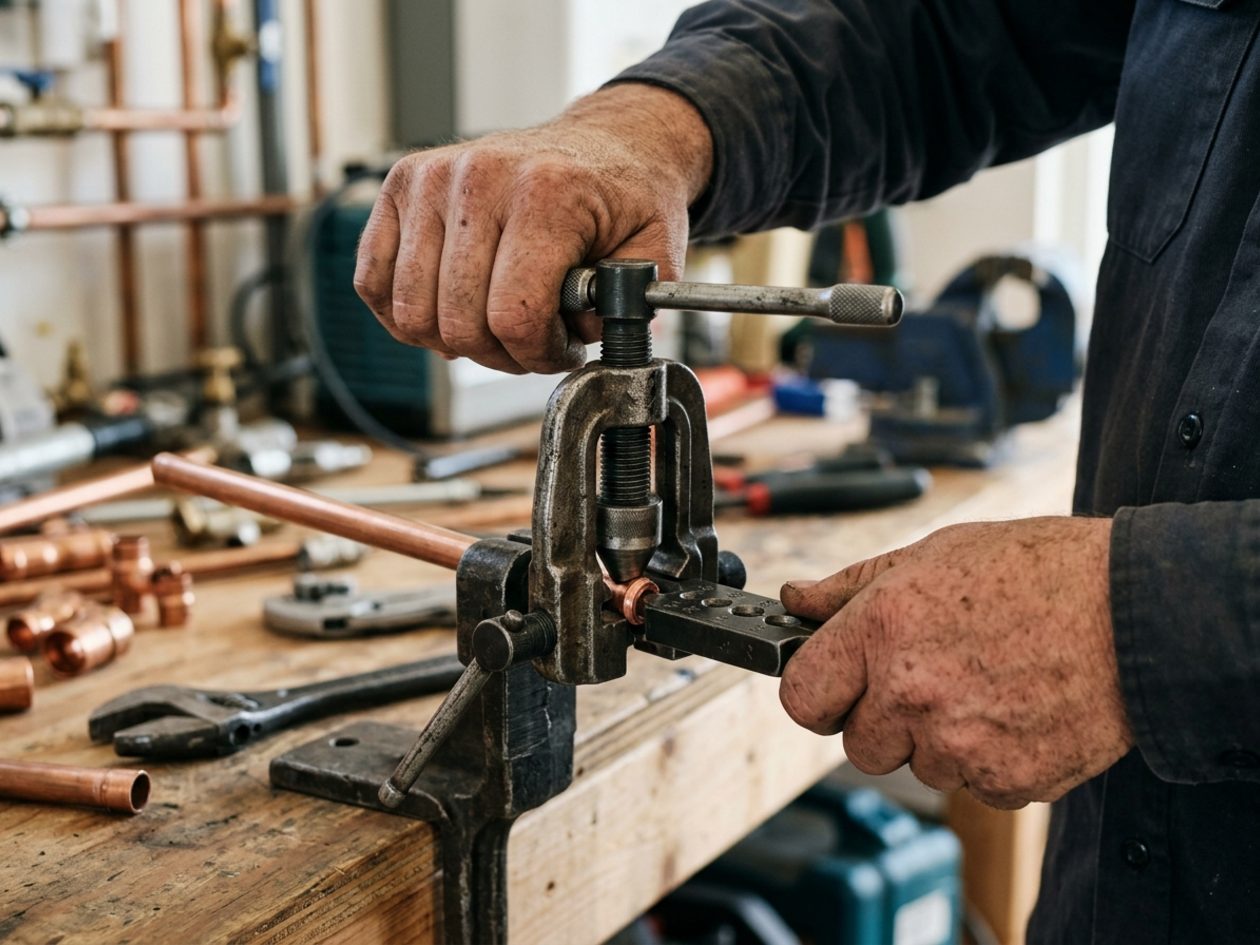 Plumber using a flaring tool on tubing