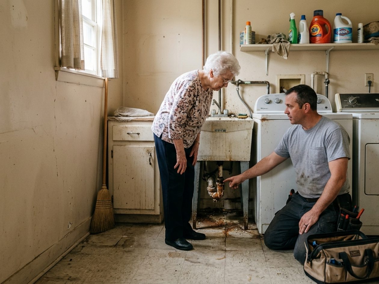Plumber and homeowner examining a plumbing component together