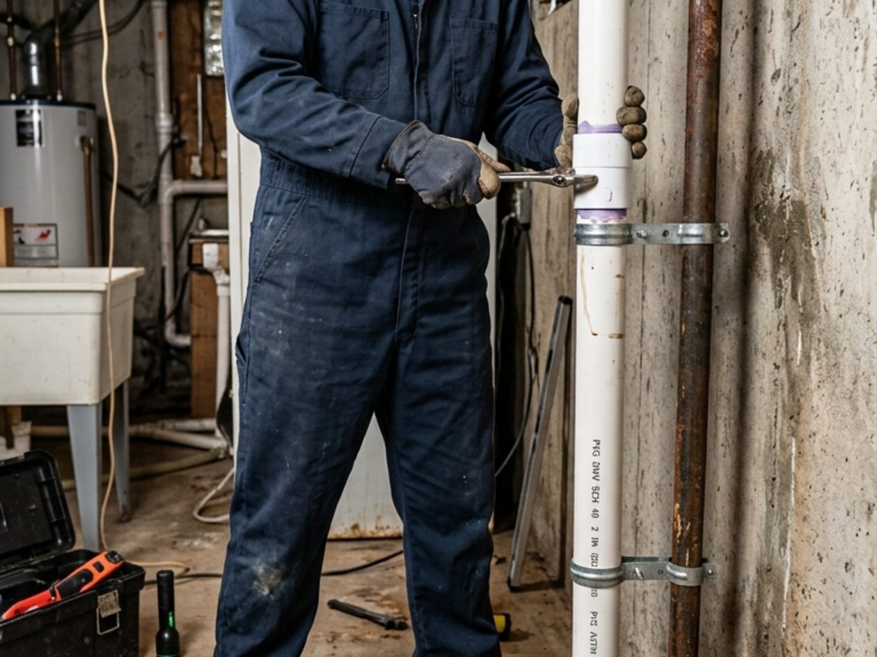 Technician installing a sump pump in a basement pit