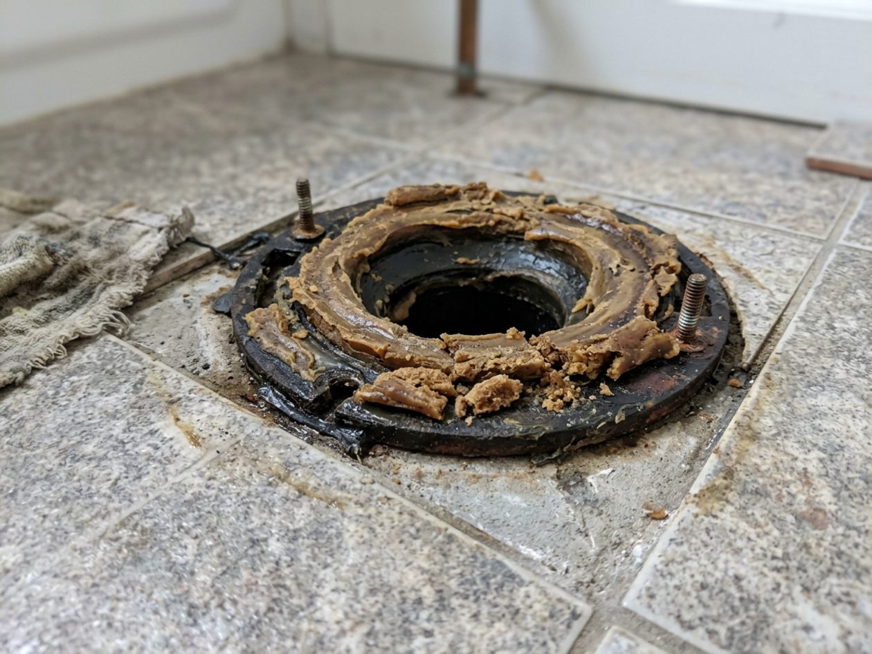 Failed wax ring lifted off a toilet flange