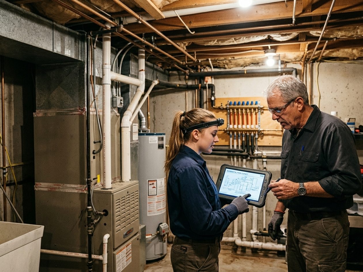 Technicians reviewing plumbing drawings on site