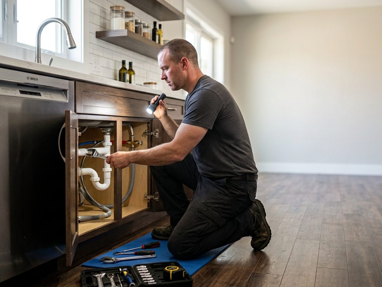 Technician inspecting dishwasher supply and drain connections