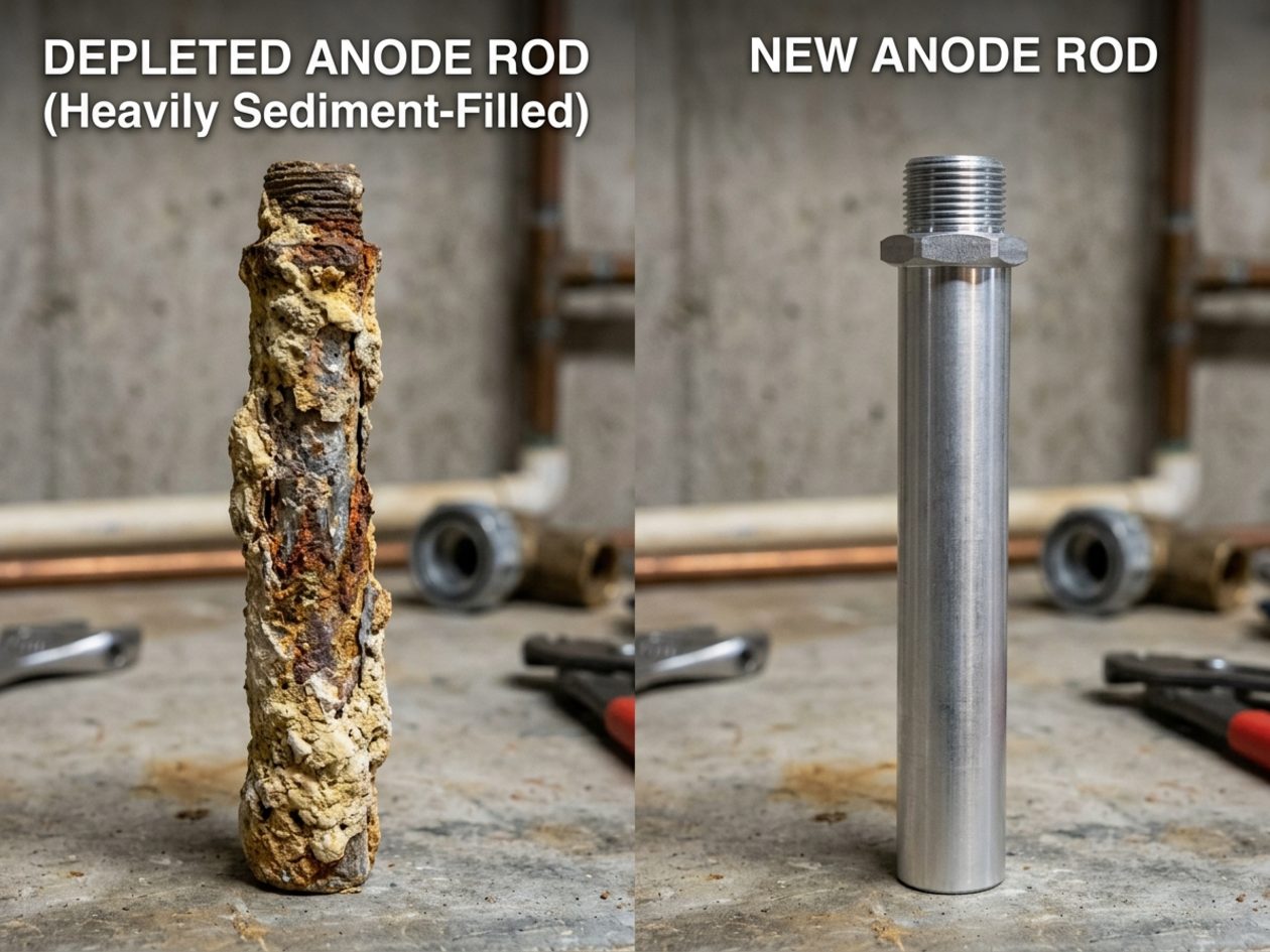 Sediment-caked anode rod beside a fresh one for comparison