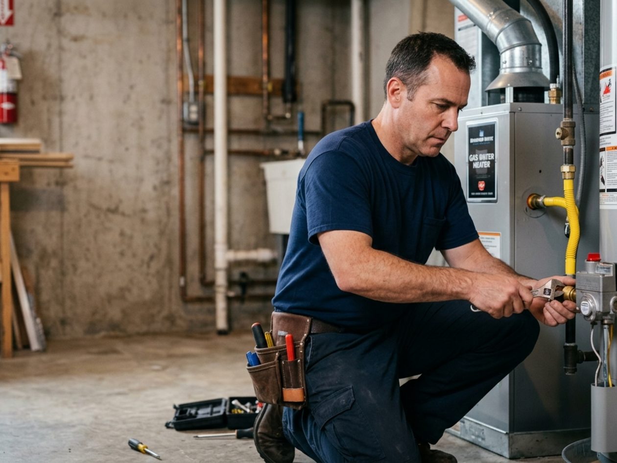 Technician checking the controls on a water heater