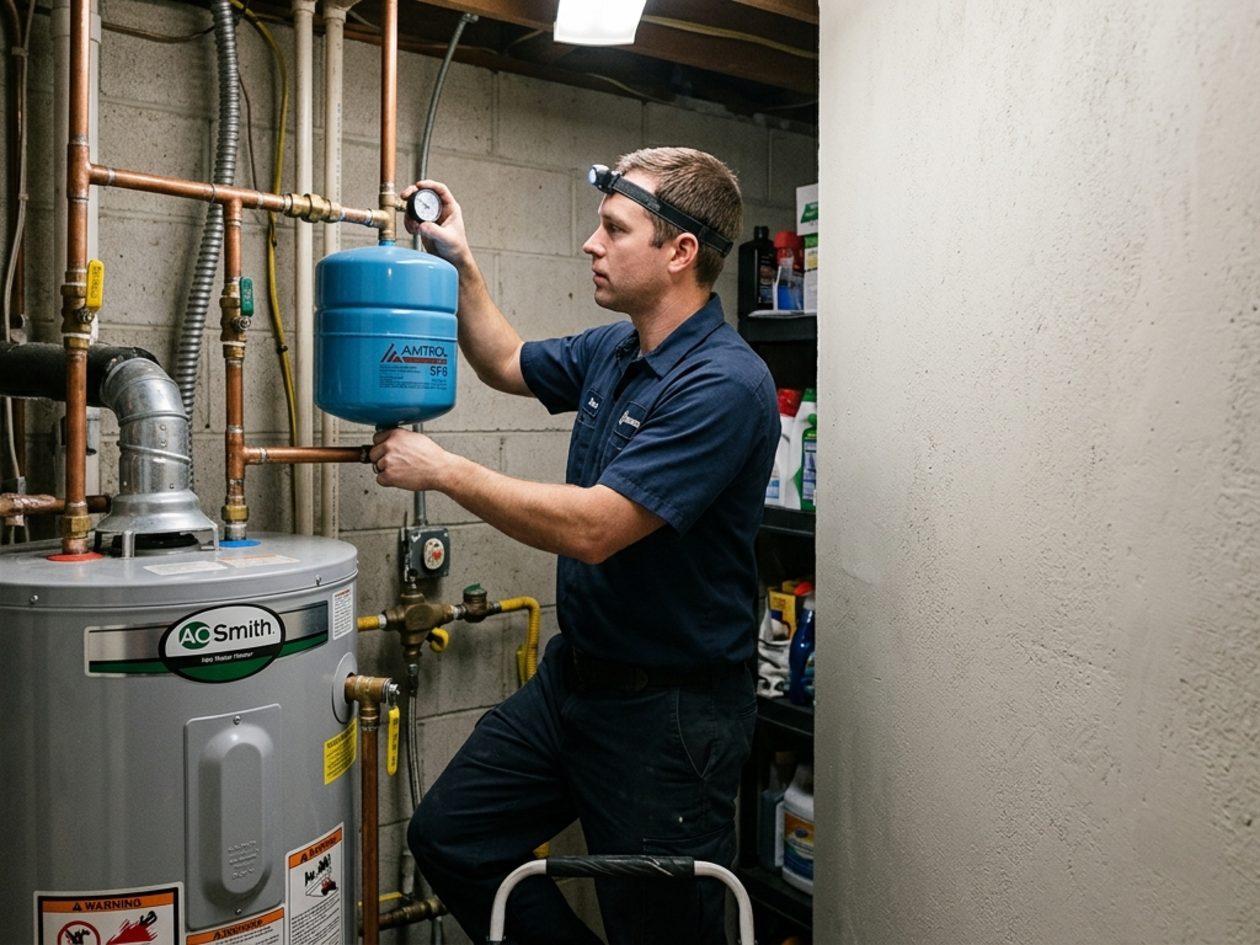 Technician inspecting a thermal expansion tank
